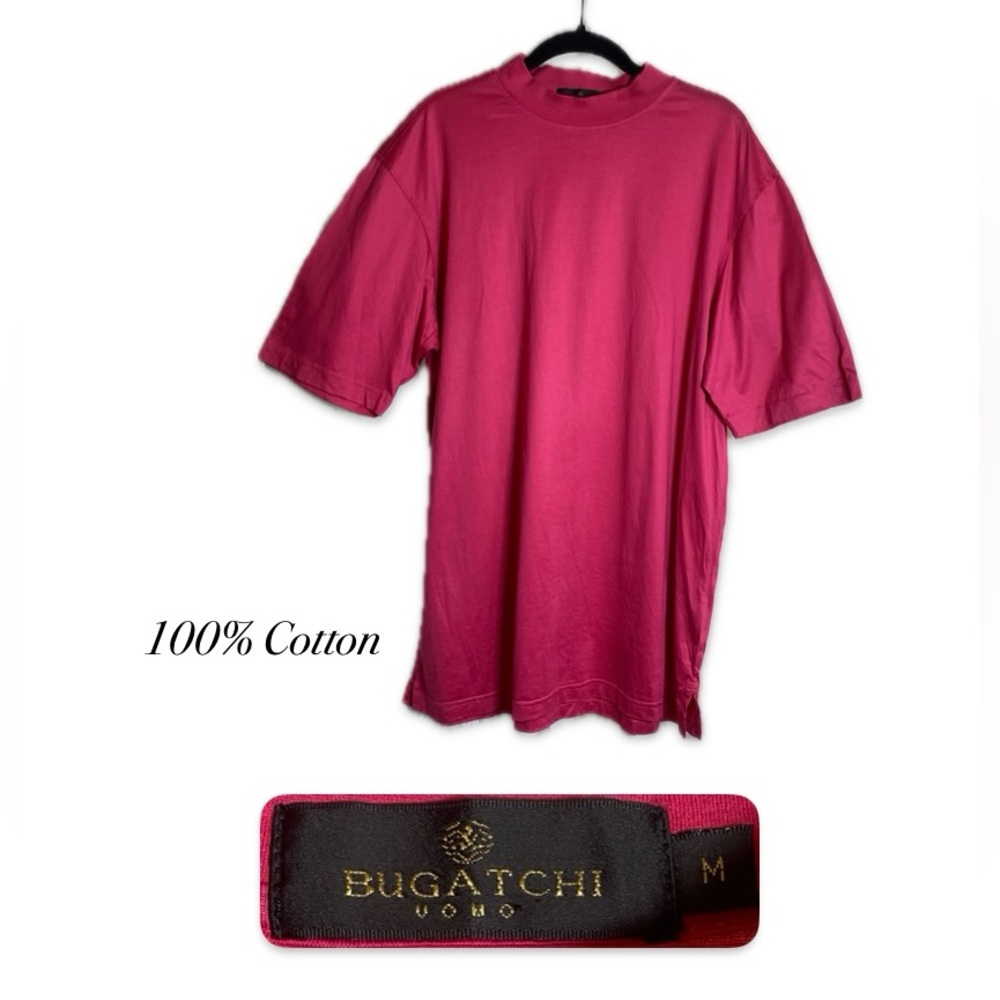 Men’s Bugatchi High Neckline Short Sleeve 100% Cotton Pink Medium
